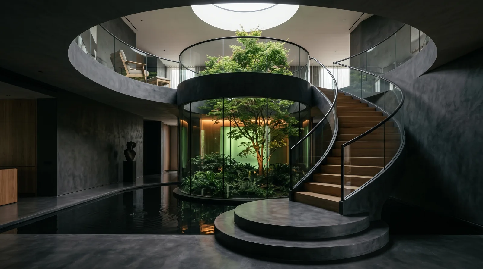 Escalera escultórica que envuelve un jardín acristalado bajo un óculo de luz · diseño César Serrano