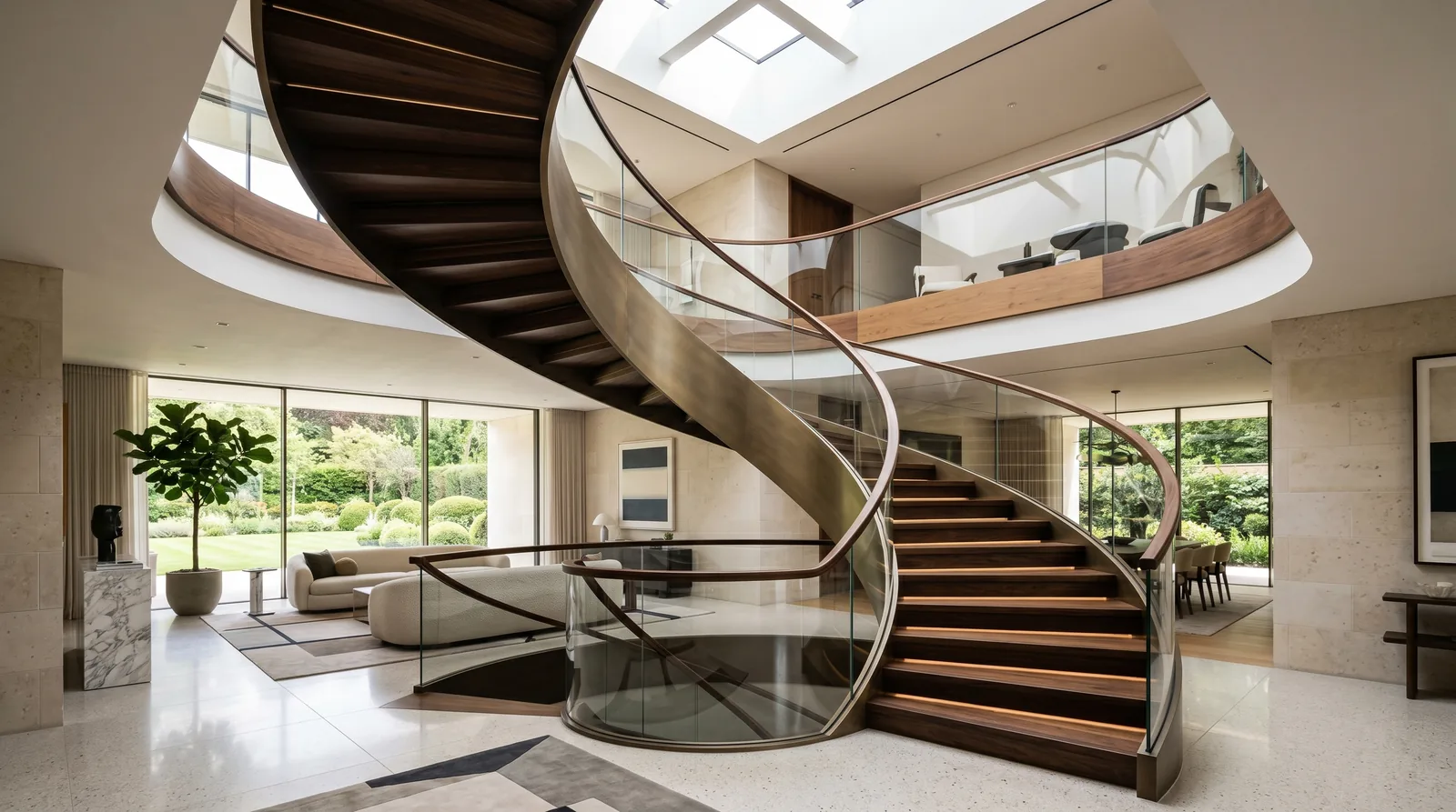 Escalera helicoidal de madera con baranda de vidrio bajo un tragaluz · diseño César Serrano