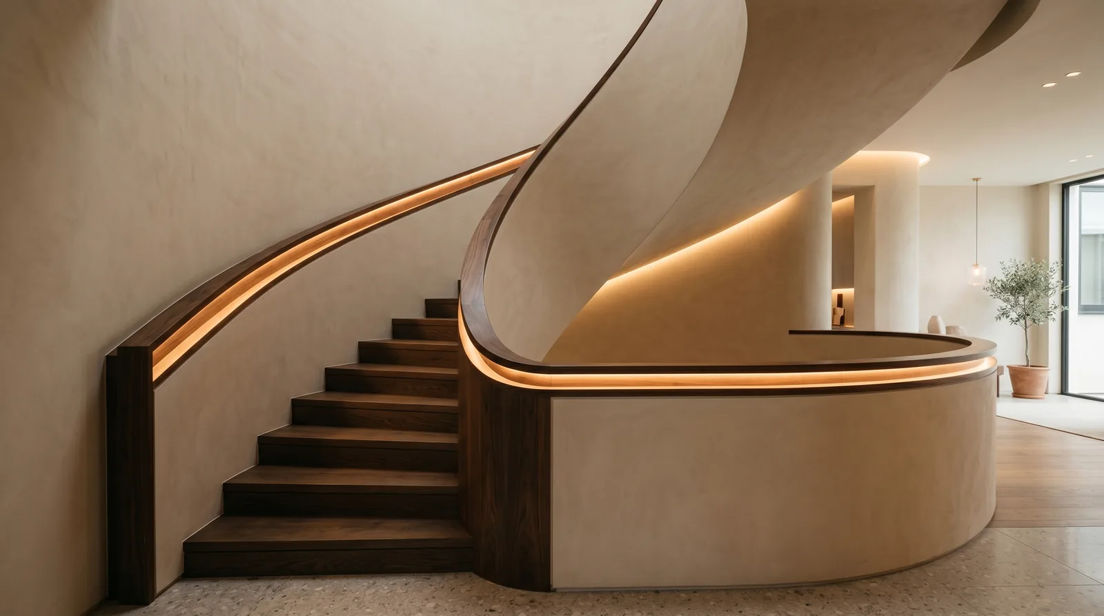 Escalera con pasamanos de luz integrada recorriendo un muro curvo · diseño César Serrano