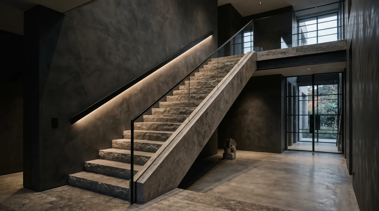 Escalera recta de peldaños de piedra con baranda de vidrio que asciende a una mezzanine · diseño César Serrano