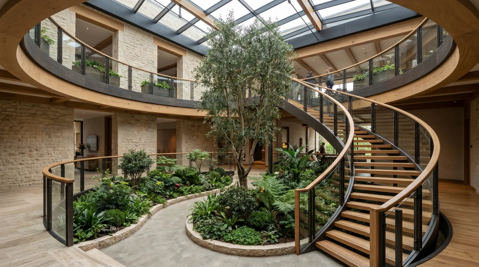 Escalera que envuelve un patio verde interior, en diálogo con la naturaleza · diseño César Serrano