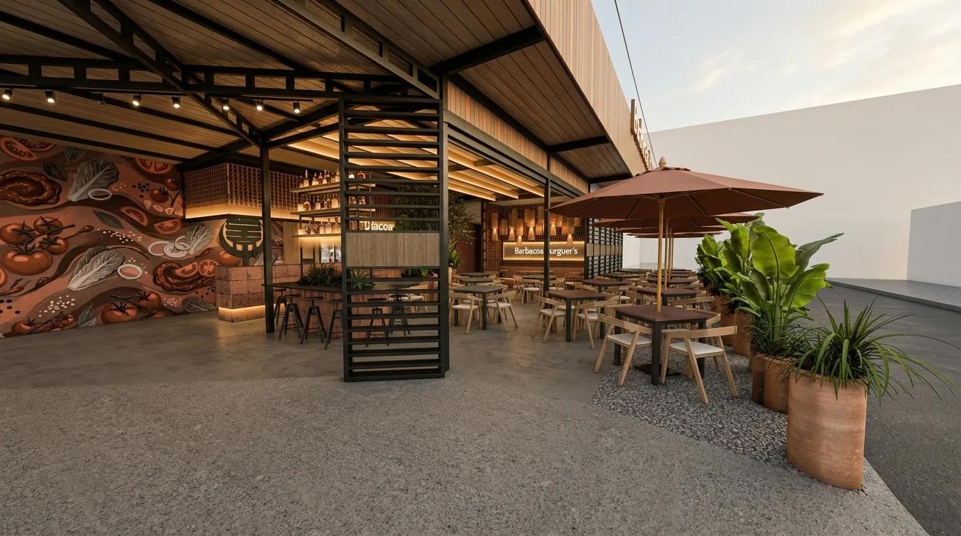 Barbacoa Burguer · Detalle del salón con iluminación teatral