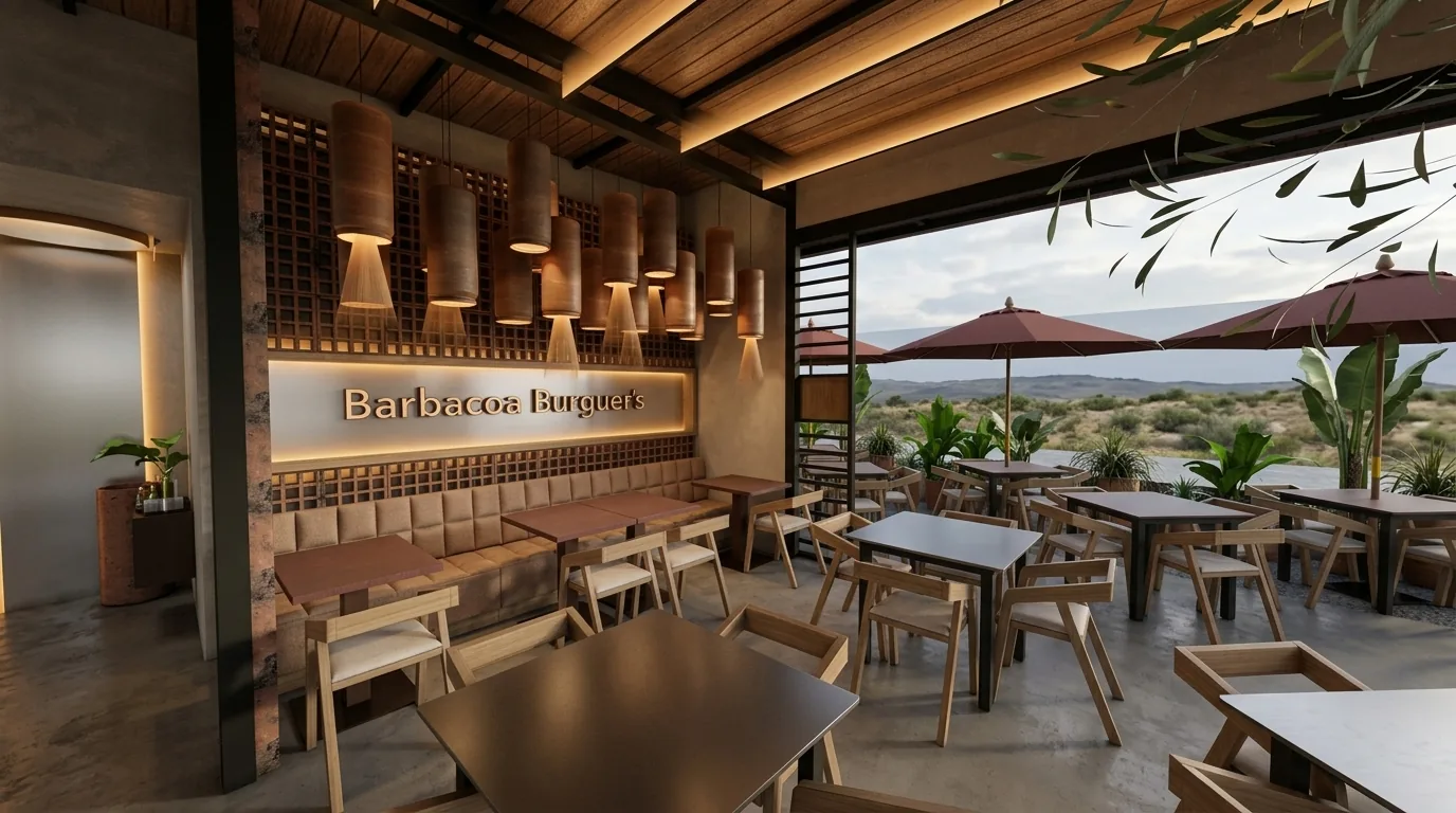 Barbacoa Burguer · Vista del salón con vegetación integrada