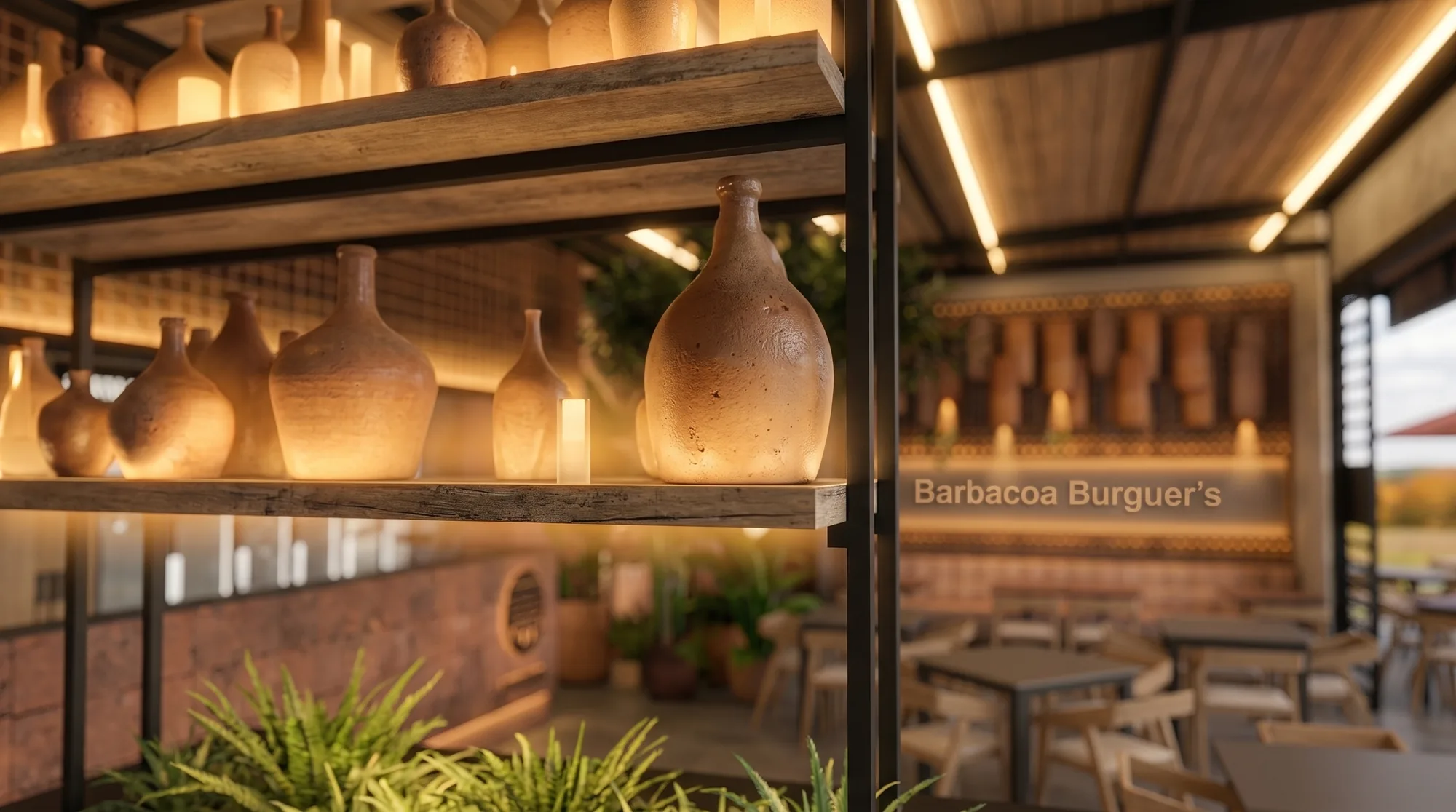 Barbacoa Burguer · Diseño interior tropical con iluminación teatral