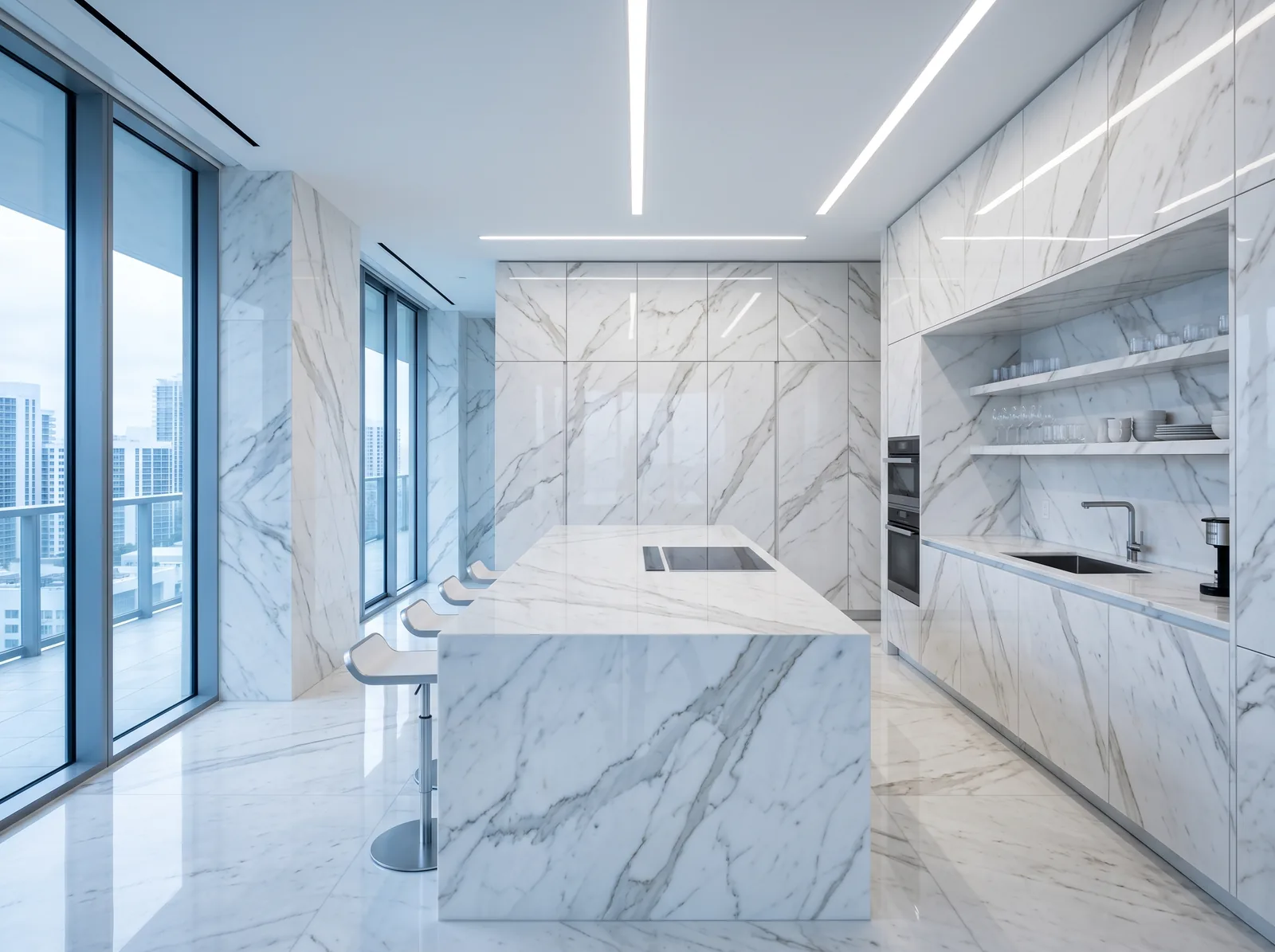 Mármol impreso repetido en muro, mesón y mueble: el espacio saturado · diseño César Serrano