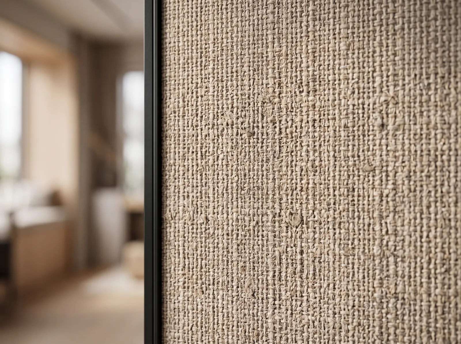 Detalle de panel textil con perfil fino: el canto delata la calidad del acabado · diseño César Serrano